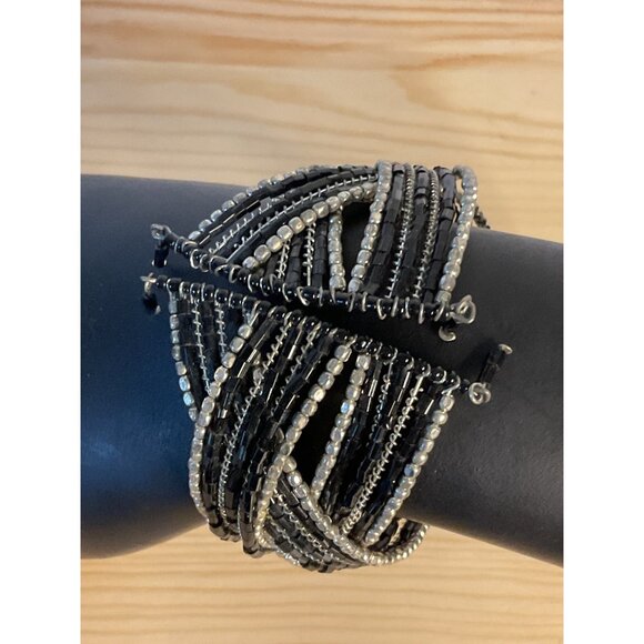Multi-Strand Beaded Bracelet For Women Black & Silver Wrap Style - Picture 4 of 4
